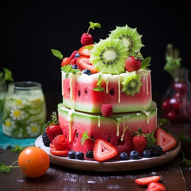 a cake with fruit and berries on it sits on a table