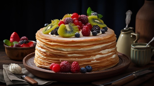 A cake with fruit on it and a plate with a bottle of wine on the side.