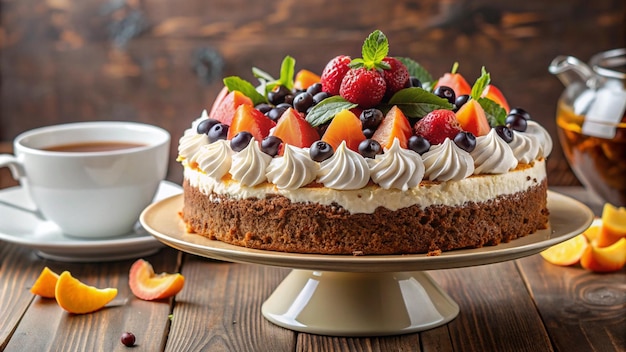 a cake with fruit on it sits on a plate with a cup of coffee