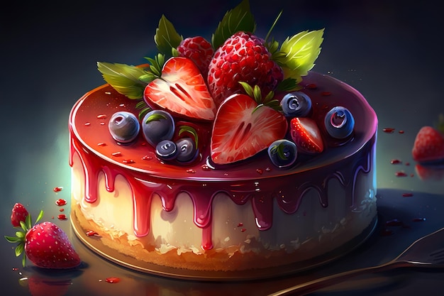 A cake with fruit on it and the word " on the top. "