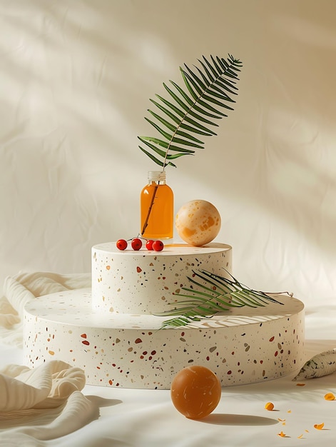 Photo a cake with fruit on top of it and a palm leaf on top of it