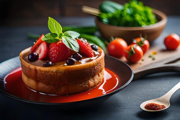 a cake with fruit and vegetables on a plate with a spoon in the background