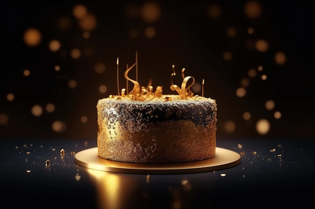 A cake with gold glitter on it and a gold background.