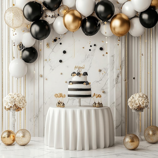 Photo a cake with a gold ribbon and a black and white cake