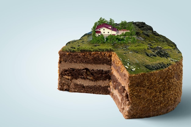 Cake with green landscape with a house on top of it. Mixed media