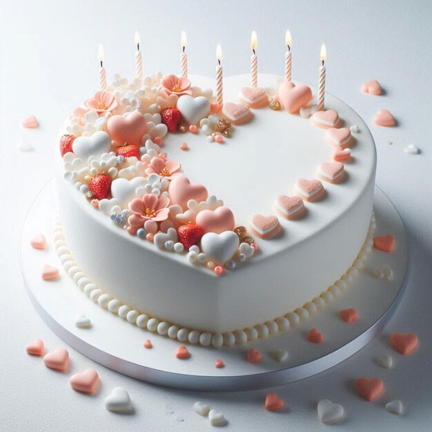 Photo a cake with a heart shaped cake with candles on it