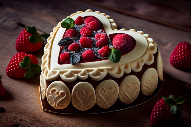 A cake with a heart shaped cake with raspberries on it