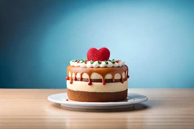 A cake with a heart on the top and a strawberry on the top.