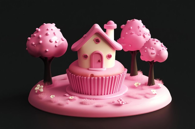 Photo a cake with a house on the top and a cupcake with a pink house on the top