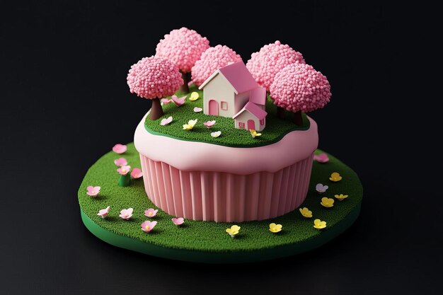 Photo a cake with a house on the top and a tree in the middle