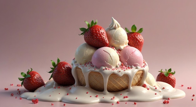 a cake with ice cream and strawberries on top of it