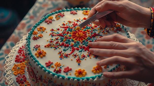 Photo a cake with a knife cutting it with a knife