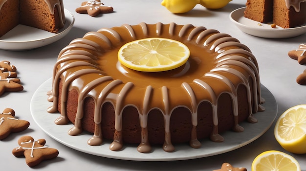 a cake with a lemon on it and a lemon wedge on the top