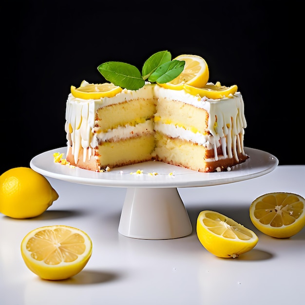 Photo a cake with lemon slices on a plate with a lemon wedge on it