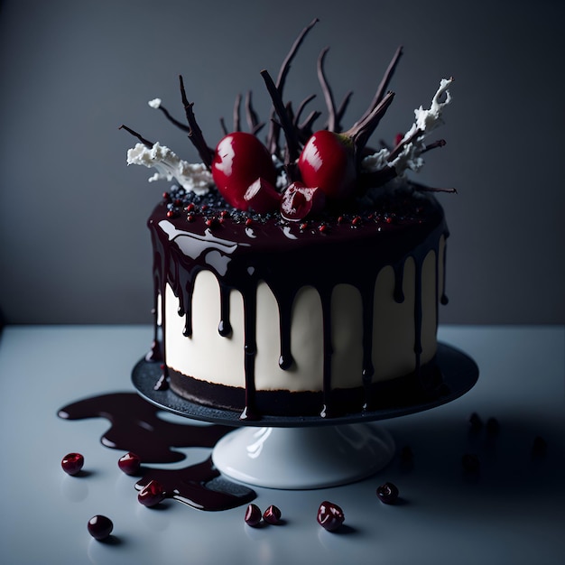 A cake with a lot of chocolate and cherries on it