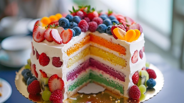 a cake with many different colors of the rainbow on it