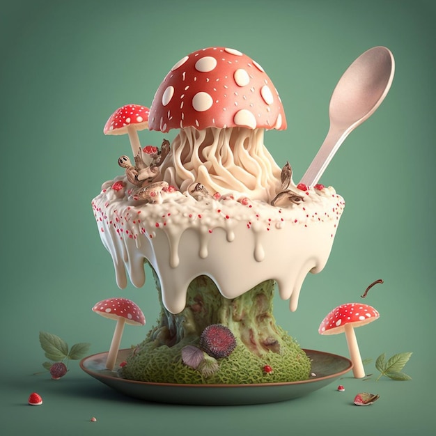 A cake with a mushroom on top and a spoon on top.