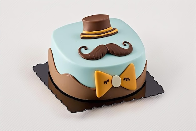 A cake with a mustache on it is decorated with a bow tie.