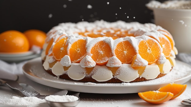 a cake with orange slices and cream on top of it