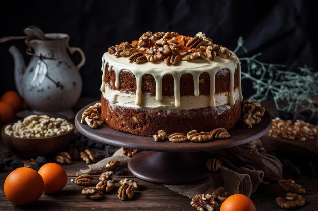 A cake with pecan and walnuts on top