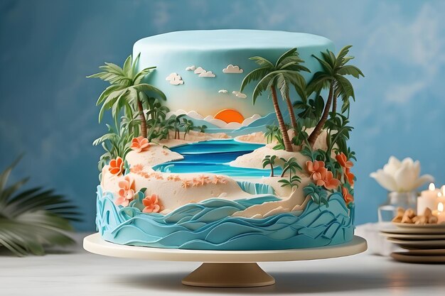 a cake with a picture of a beach scene on it