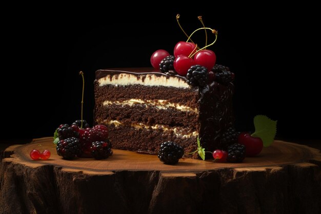 a cake with a piece of cake and berries on it