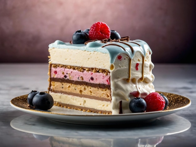 a cake with a piece of cake on it and a raspberryberry on the plate