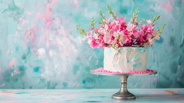 Photo a cake with pink flowers on a silver platter with the word  b  on it