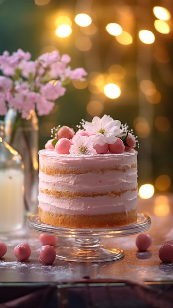 A cake with pink flowers on a table