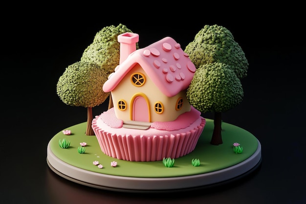 a cake with a pink house on the top and a tree in the middle