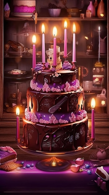 A cake with purple candles