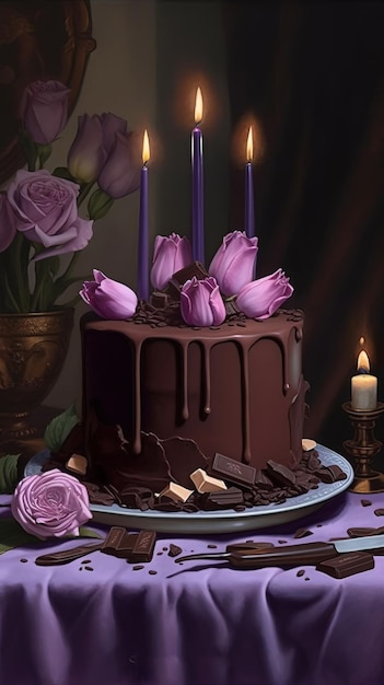 A cake with purple flowers on it and a candle on the top