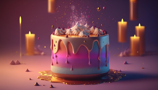 A cake with a purple and gold icing and a candle in the background.