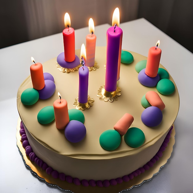 A cake with purple, green, and orange candles on it