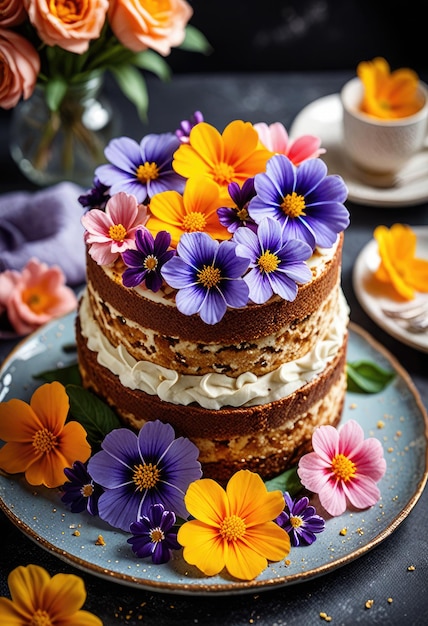 a cake with purple and orange flowers on a plate with a purple flower on it