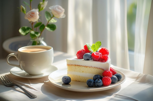 Cake with raspberries and blueberries and a cup of coffee