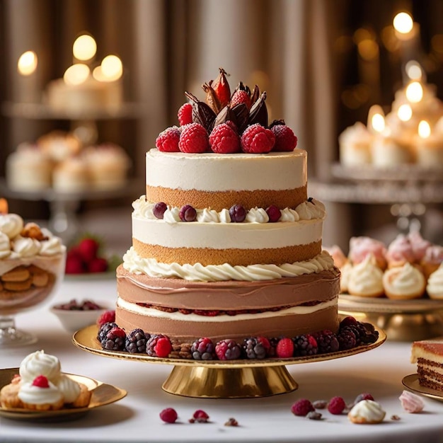 a cake with raspberries and cream cheese frosting sits on a table with other desserts