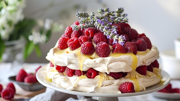 a cake with raspberries and cream cheese frosting