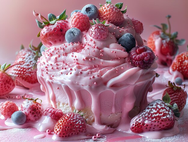 a cake with raspberries and cream on it