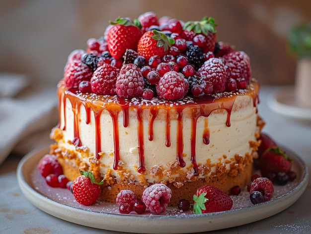 a cake with raspberries and cream on top of it