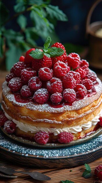 a cake with raspberries and cream on top of it