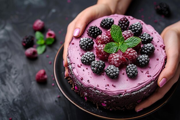 Photo a cake with raspberries on it and a person holding a plate with raspberries on it