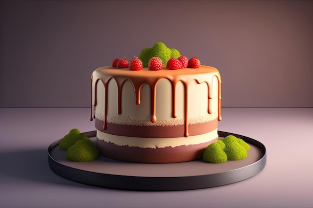 A cake with raspberries on it and a plate with a green fruit on it.