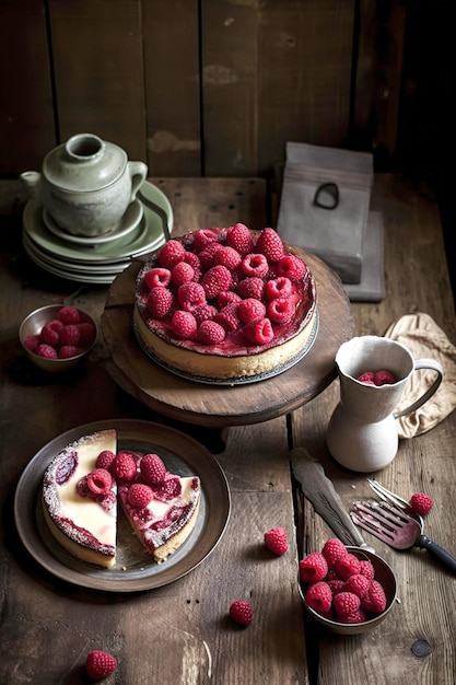 A cake with raspberries on it and a plate with a piece missing.