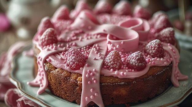 Photo a cake with raspberries on it and a ribbon around it