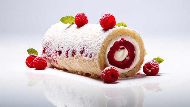 a cake with raspberries on it sits on a glass table