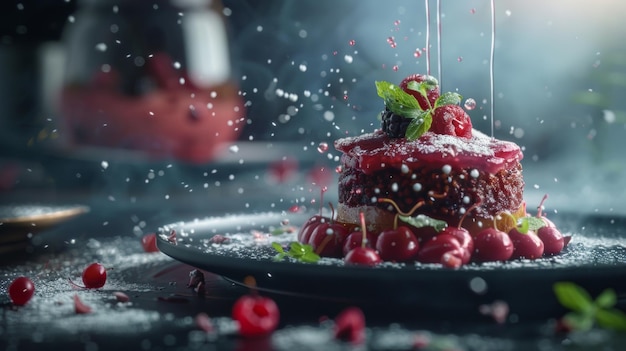 Photo a cake with raspberries on it and a spoon in the background