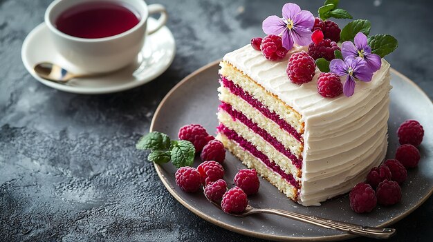 Photo a cake with raspberries on the side and a cup of tea