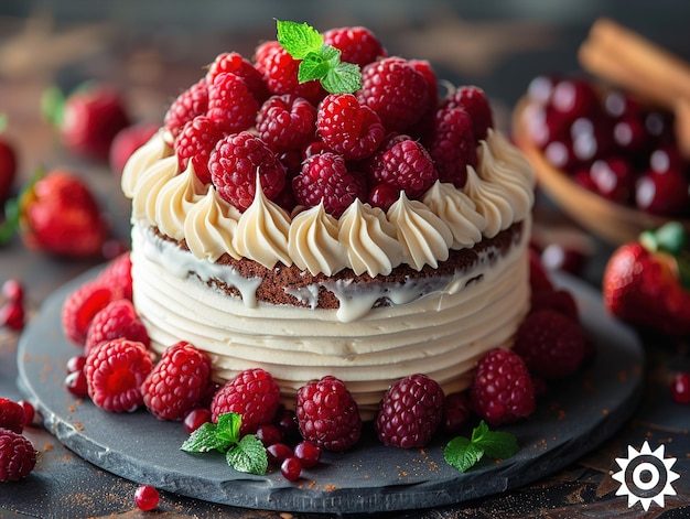 a cake with raspberries on top of it and a cake with a green leaf on top