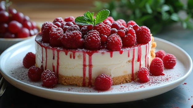 a cake with raspberries on top of it and a raspberry on the top